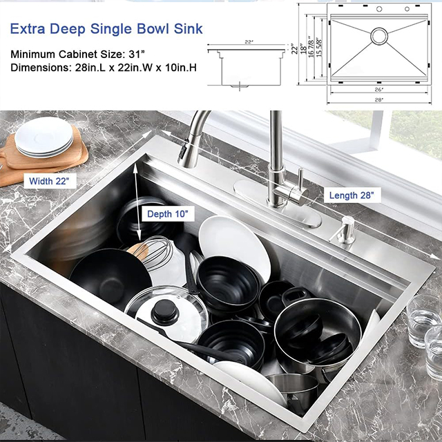 Baisse de 28 pouces dans l'évier de cuisine de poste de travail de doubles rebords faits main de cuvette simple