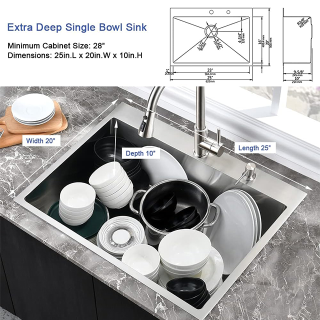 Baisse de 25 pouces dans la cuvette simple faite main d'évier de cuisine d'acier inoxydable de Topmount