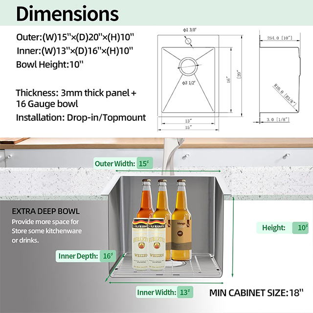 1520 baisse dans la cuvette simple faite main d'évier de cuisine d'acier inoxydable de Topmount