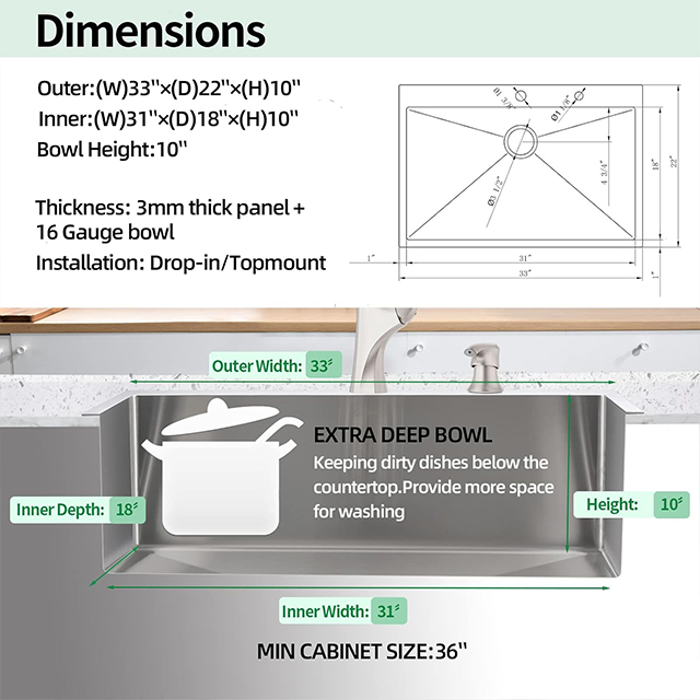 Évier de cuisine en acier inoxydable fait à la main, bol simple à montage supérieur de 31 pouces