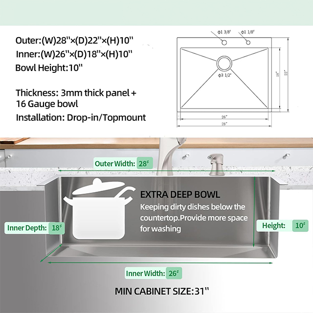 Baisse de 28 pouces dans la cuvette simple faite main d'évier de cuisine d'acier inoxydable de Topmount